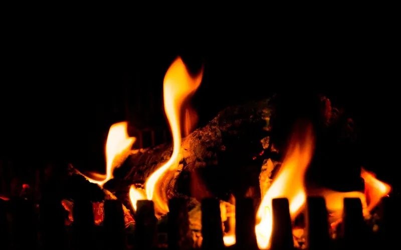 Bûche de bois qui brûle dans l'âtre d'une cheminée, flammes orangées derrière la grille
