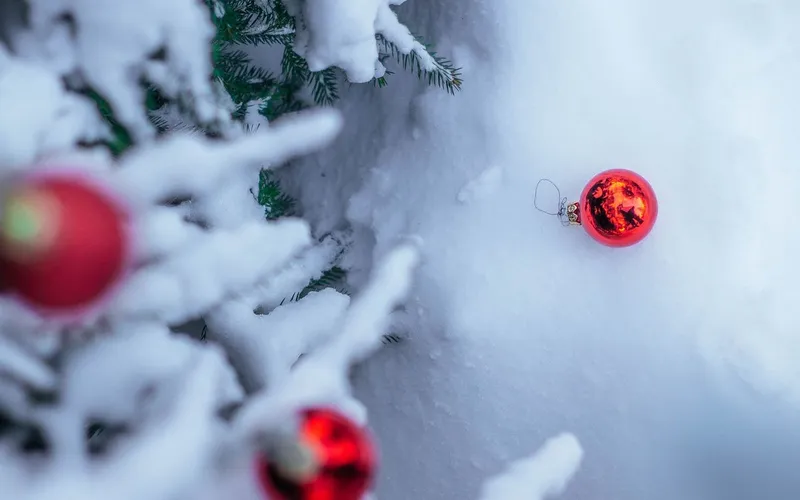 Branches de sapin chargées de neige fraîche, décorées de boules de verre rouges, dont une tombée dans la neige
