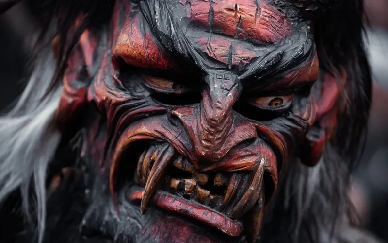 Masque de Krampus en bois sculpté et peint, aux crocs acérés, encadré d'une crinière de poils noirs et blancs