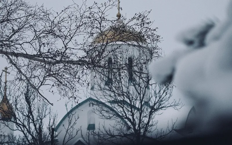 Coupole dorée et croix d'une église orthodoxe blanche, aperçues entre des branches nues un jour d'hiver gris